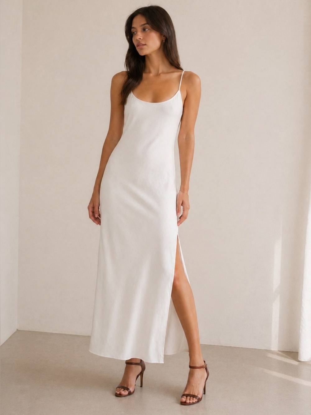 Aritzia Wilfred White Crepe Midi Slip Dress Side Slit Smocked Back Size 8